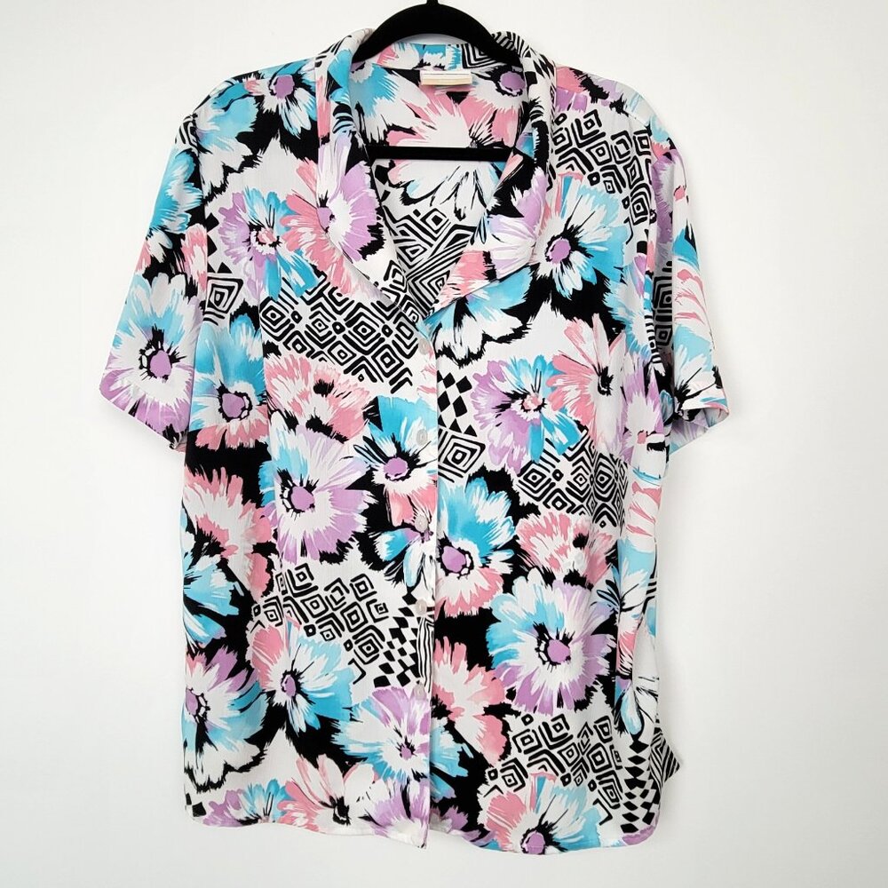 90s Inspired Maximalist Geometric Floral Button Up Vaporwave Aesthetic Pop